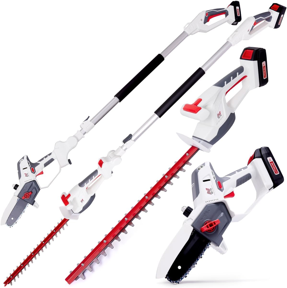 61pBlsIOrFL._AC_SL1200.jpg Cordless Hedge Trimmer & Chainsaw 4-In-1 20V Battery Powered Pole Saw White - Image 1