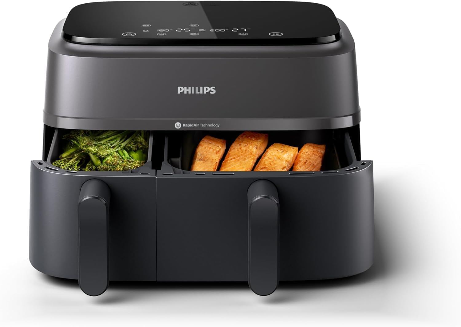61vlRLIAJzL._SL1500.jpg Dual Air Fryer 9L 2750W 13 Presets Digital Touchscreen Black & Silver - Image 1
