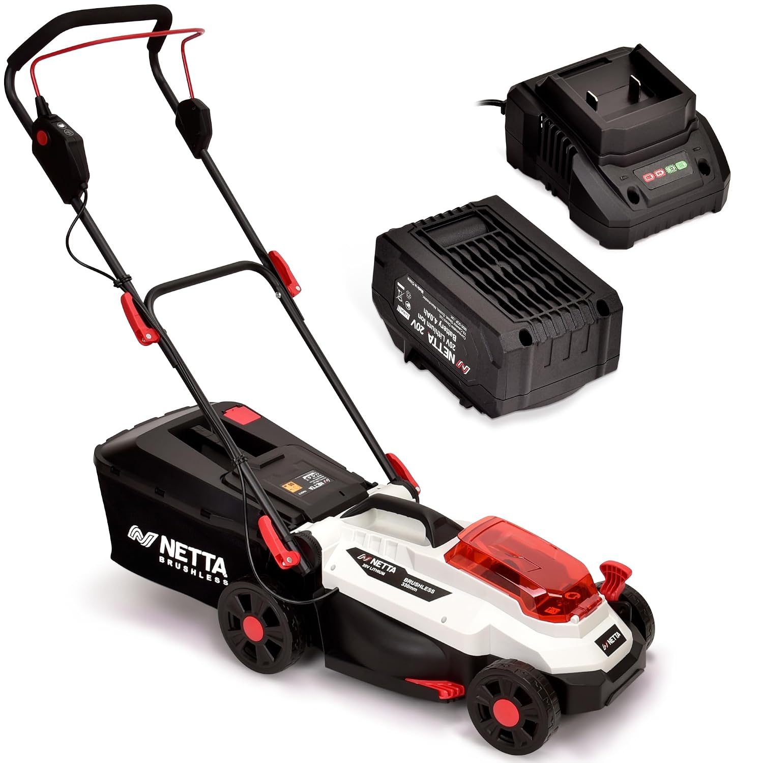 712_lA07wYL._SL1500.jpg Cordless Lawn Mower 33cm 20V 4.0Ah Brushless Motor White - Image 1