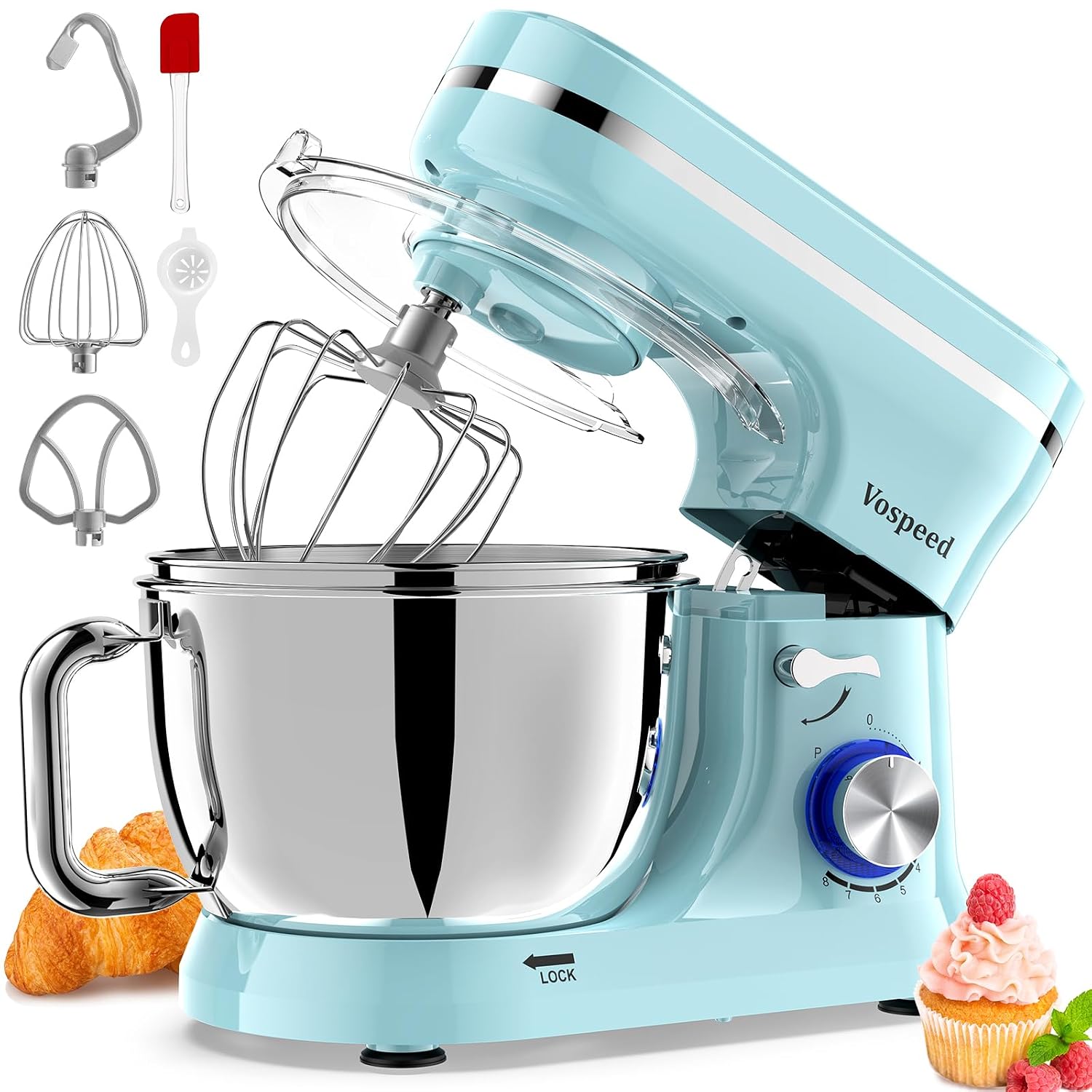 71RqMW-CidL._SL1500.jpg Stand Mixer 4.5L+5L Bowls 8-Speed 1000W Tilt-Head Blue - Image 1