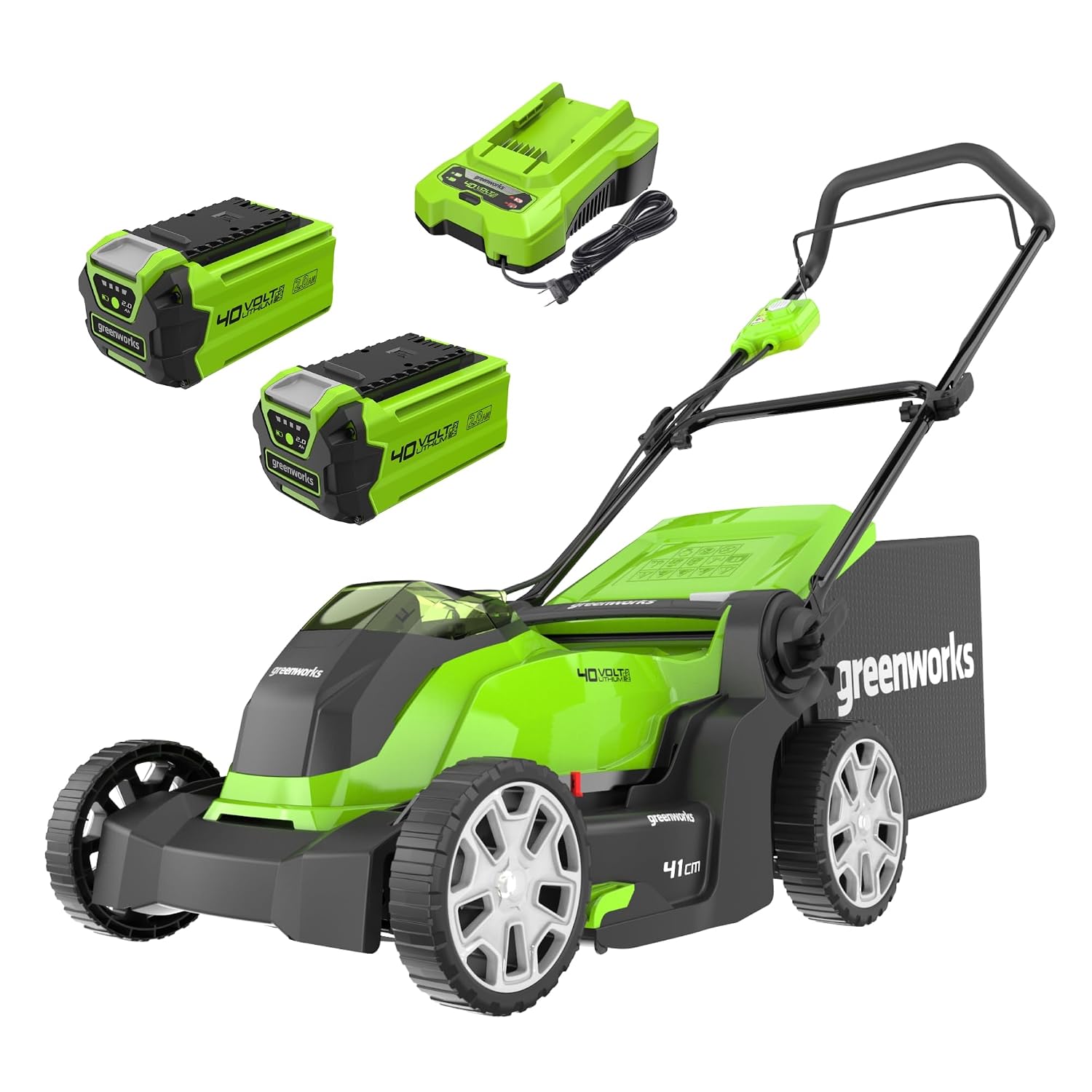 71Uio5nV11L._SL1500.jpg Cordless Lawnmower 41cm Cutting Width 50L Bag 2x 40V 2Ah Batteries - Image 1