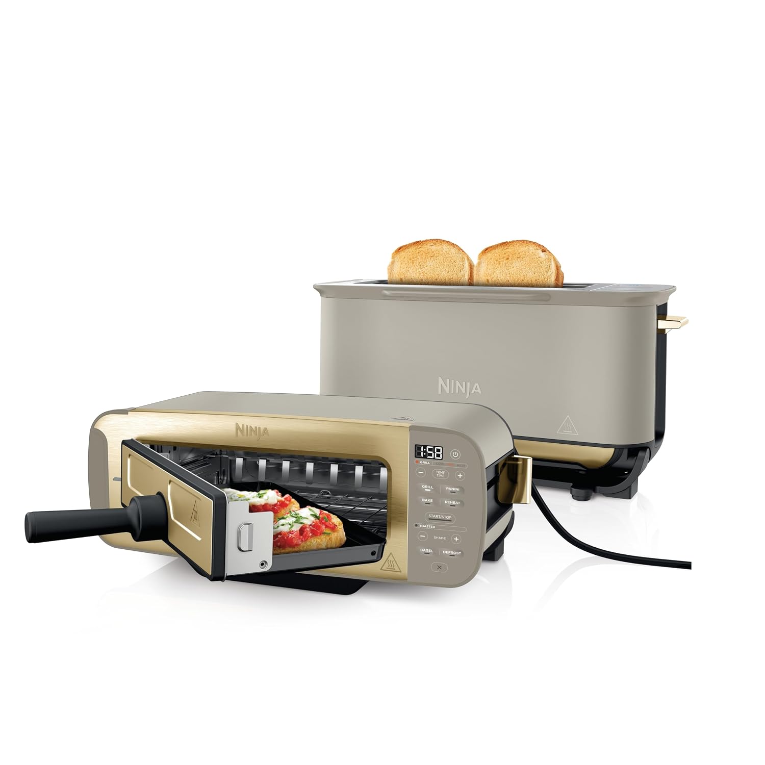 71WK8y9csaL._SL1500.jpg 3-in-1 Toaster Grill And Panini Press 7 Functions Flip Design Stone Gold - Image 1