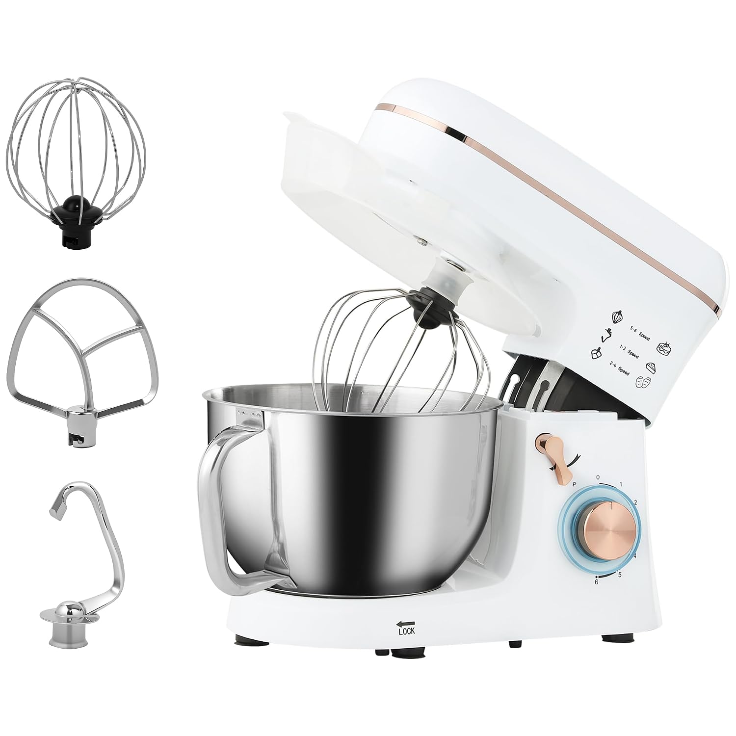 71XPed8pVJL._SL1500.jpg Stand Mixer 1400W 5L 6 Speeds Pulse Setting Stainless Steel Bowl White - Image 1