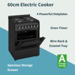 Electric Cooker 62L Oven 4 Hotplates Freestanding 60cm Matte Black - Image 2