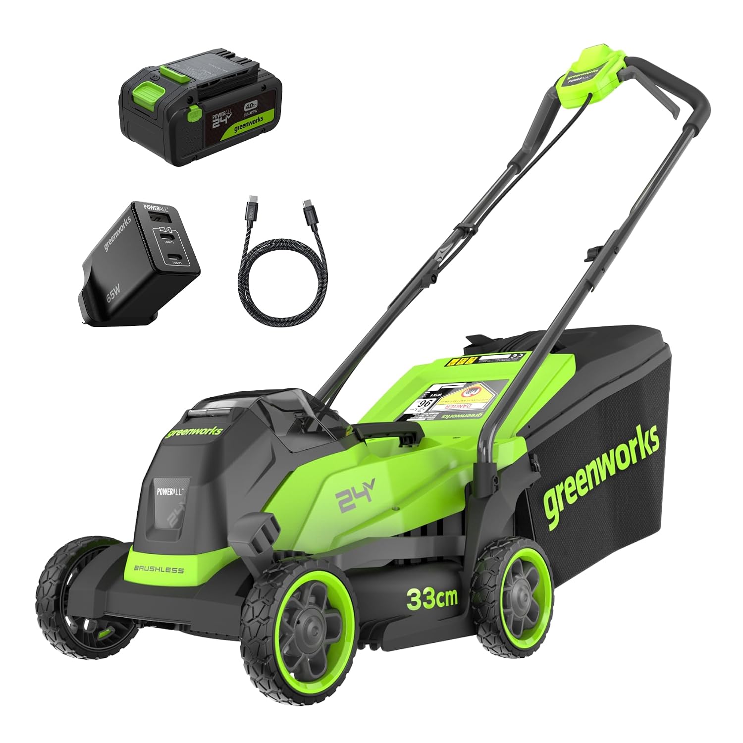 71h-CGLdk-L._SL1500.jpg Cordless Lawn Mower 33cm 24V Brushless Motor 30L Bag 4Ah Battery - Image 1