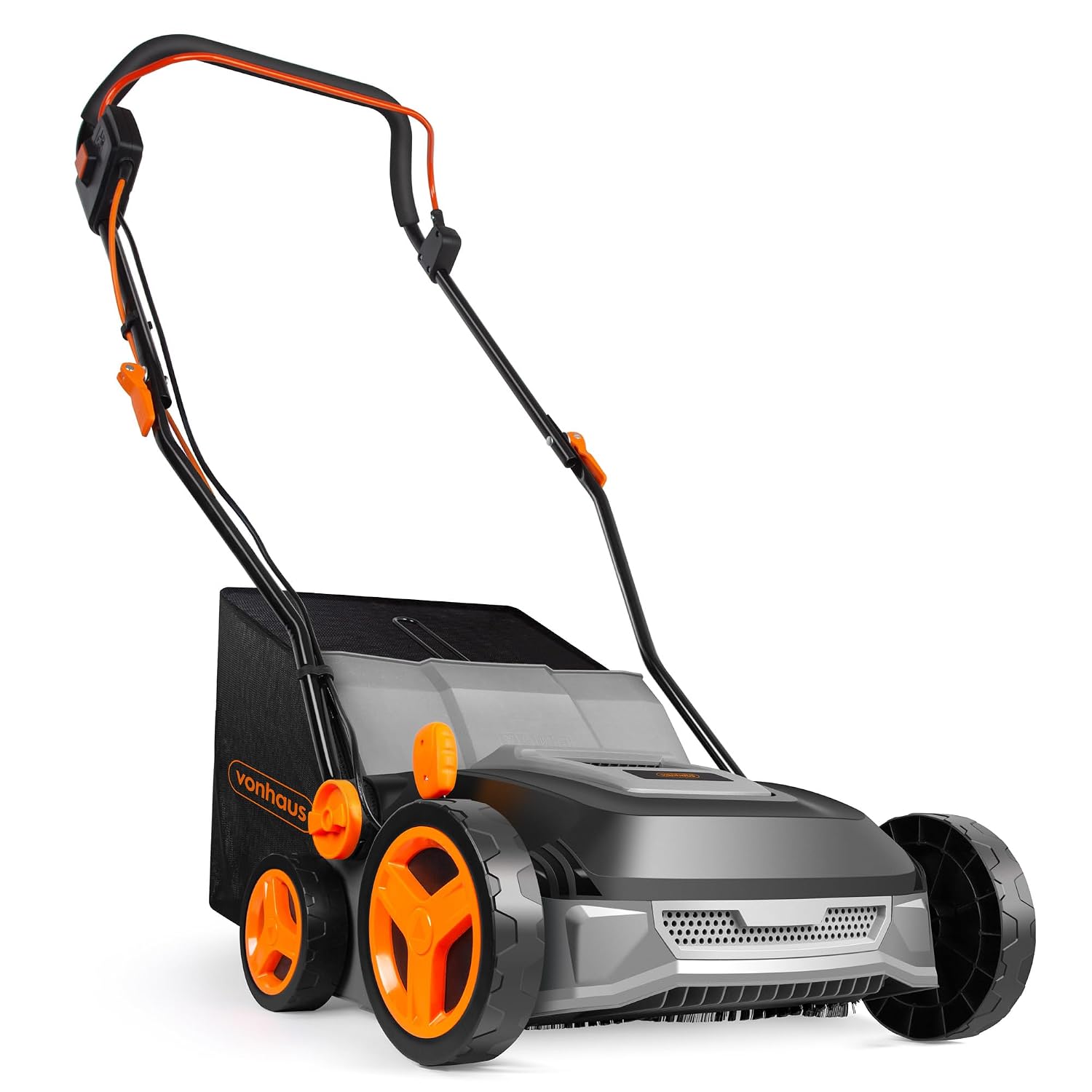 71hJGDm11DL._SL1500.jpg Corded Electric Artificial Grass Sweeper 1800W 45L Bag 370mm 5 Heights Grey Black Orange - Image 1