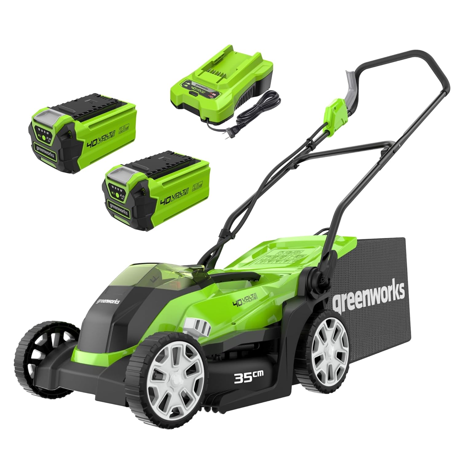 71osgraAoxL._SL1500.jpg Cordless Lawn Mower 35cm 40L Bag 2x40V 2Ah Batteries Green - Image 1