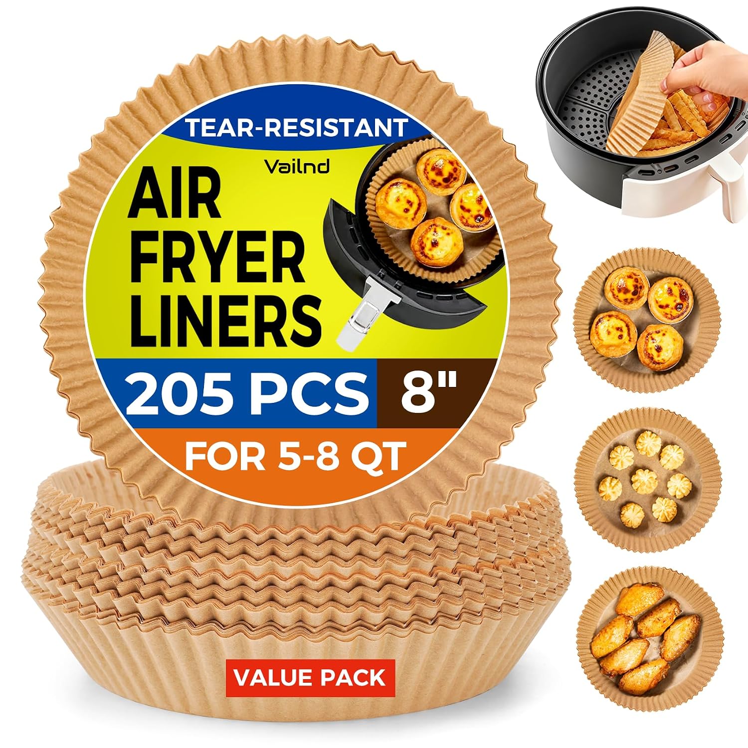 814mjZTU-gL._SL1500.jpg Air Fryer Liners 205 Pcs 8 Inch Disposable Non-Stick Paper For 5-8 Qt Basket - Image 1