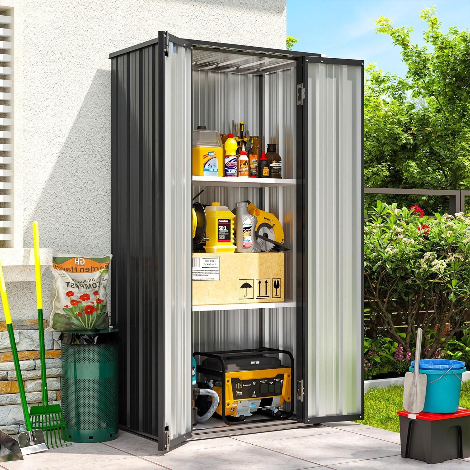 81G5ljGmSFL._SL1500.jpg Vertical Garden Storage Shed 29.5 X 17.3 X 68.3 In Black Galvanized Steel - Image 1