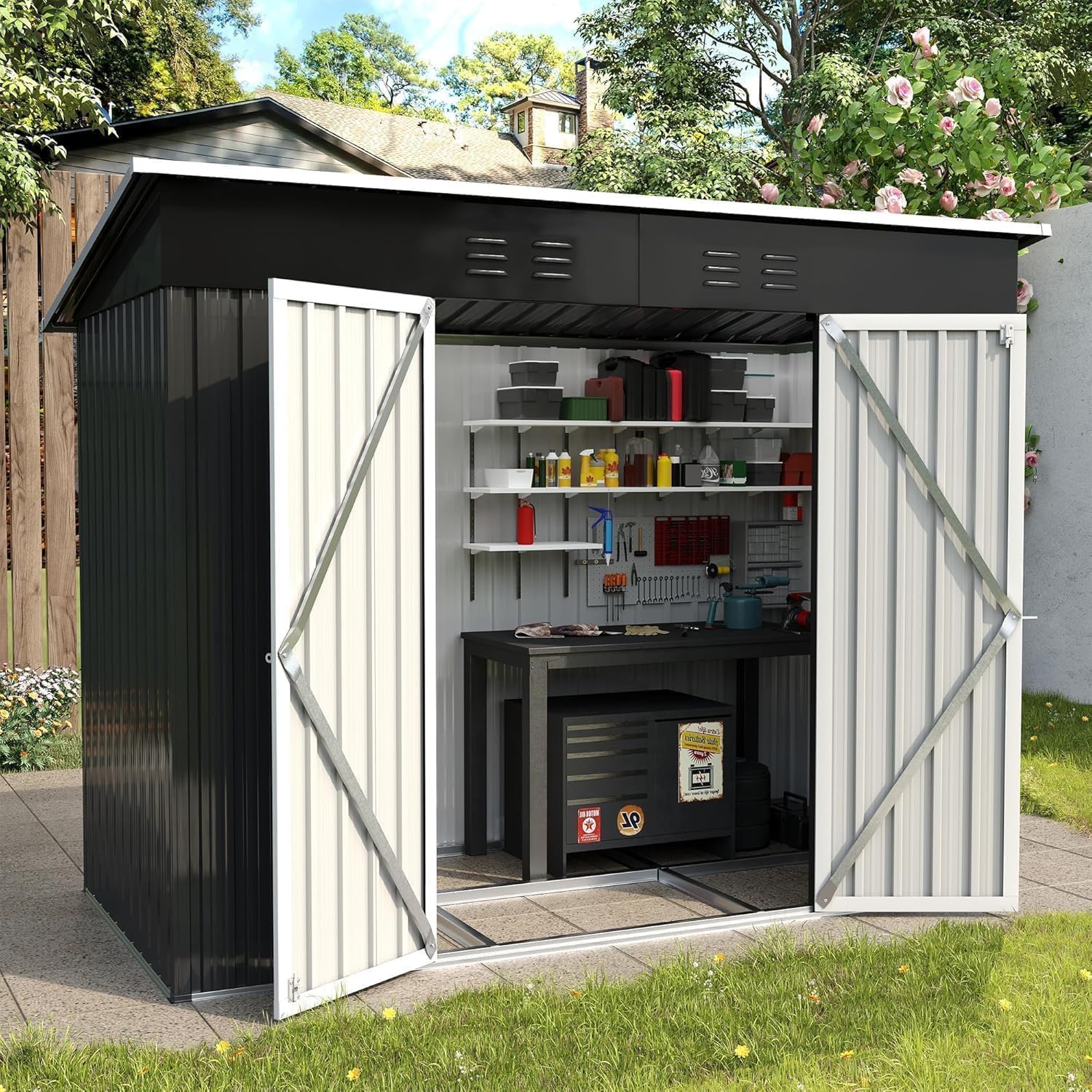 81JdbFA3IHL._SL1500.jpg Metal Garden Storage Shed 8 X 4 Ft Dark Grey Alloy Steel Lockable Door - Image 1