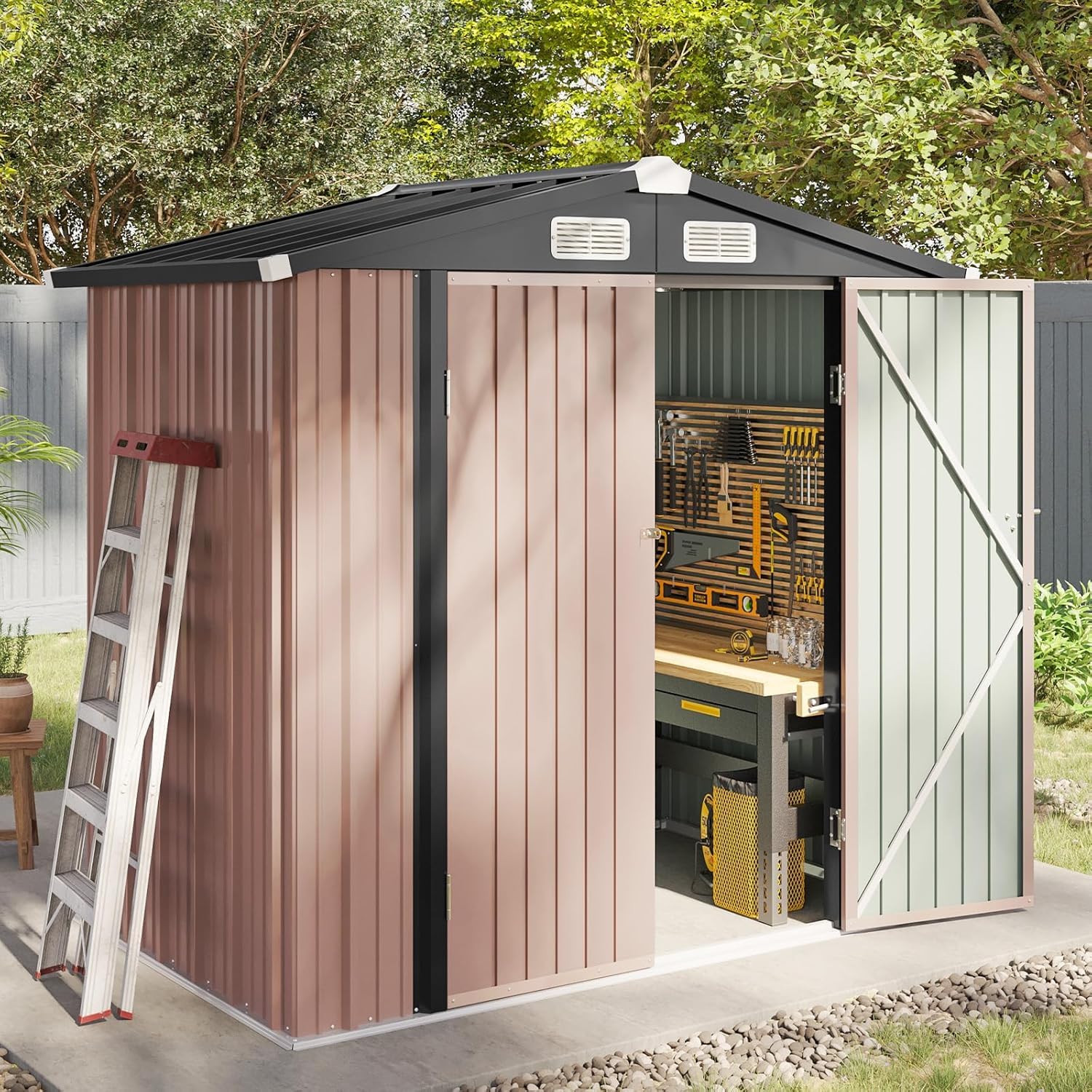 81y7KA_vKiL._SL1500.jpg Metal Garden Storage Shed 6 X 4 Ft Brown Alloy Steel Lockable Doors - Image 1